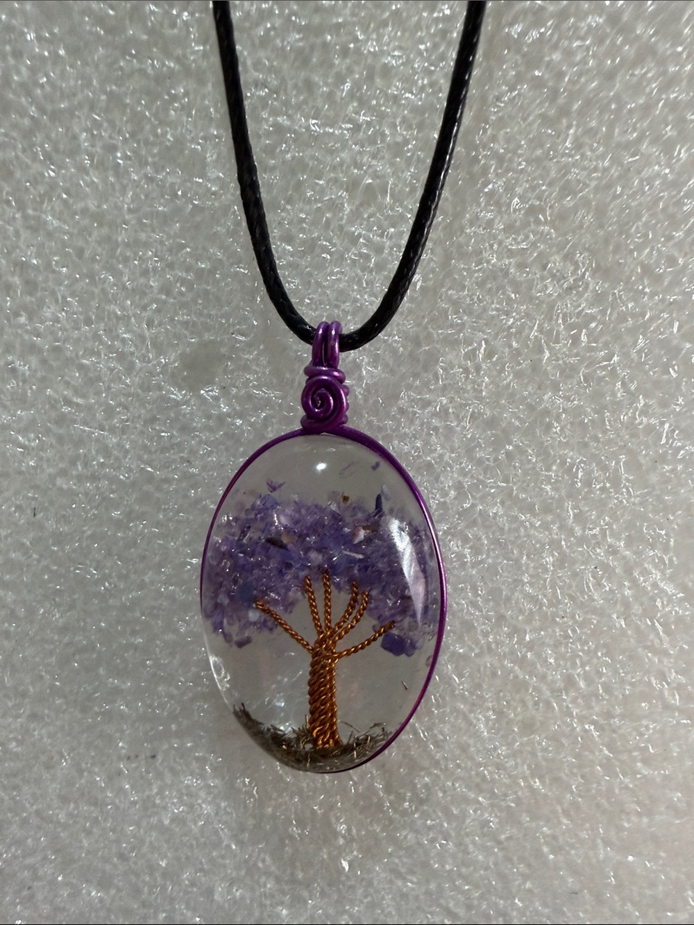 Handmade Purple Tree of Life Resin Necklace with Black Cord
